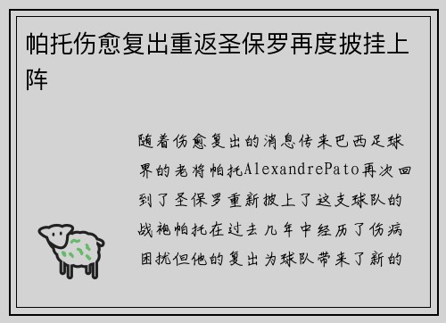 帕托伤愈复出重返圣保罗再度披挂上阵 帕托伤愈复出重返圣保罗再度披挂上阵