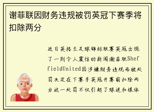 谢菲联因财务违规被罚英冠下赛季将扣除两分